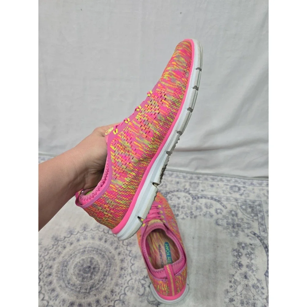Skechers Women's 8.5 Stretch Fit Glider Sneaker Hot Pink Green 22722 No Tie Shoe